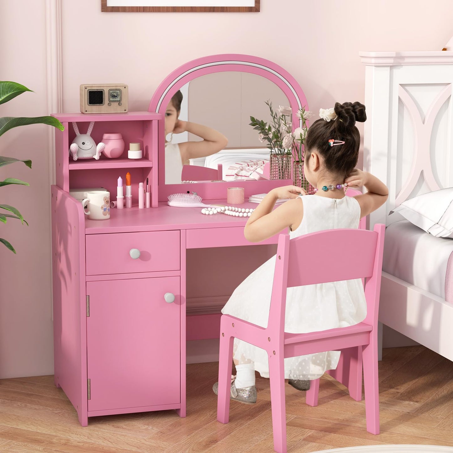OLAKIDS Kids Vanity, Princess Makeup Desk and Chair Set with Lights Mirror, Pretend Play Vanity Set for Toddler Girls