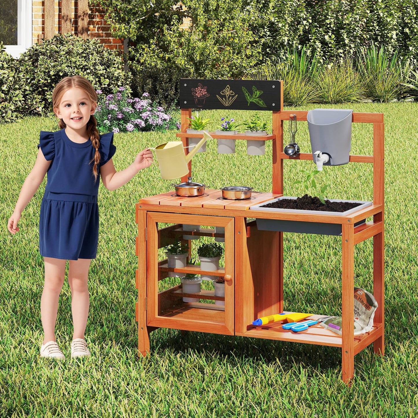 OLAKIDS Mud Kitchen for Kids Outdoor, Wooden Toddler Play Kitchen with Cooking Accessories, Toy Playset for Backyard Garden