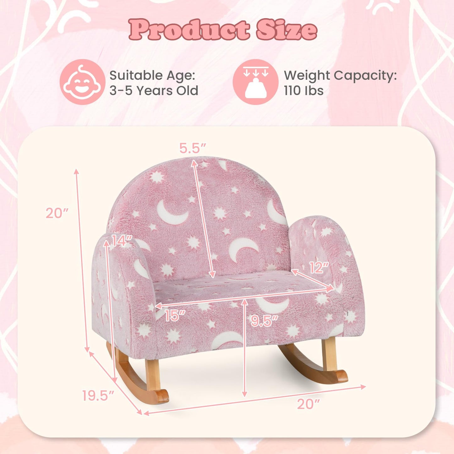 OLAKIDS Kids Sofa with Glow in The Dark, Toddler Rocking Chair, Upholstered Comfy Foam Children Chair for Kindergarten Playroom