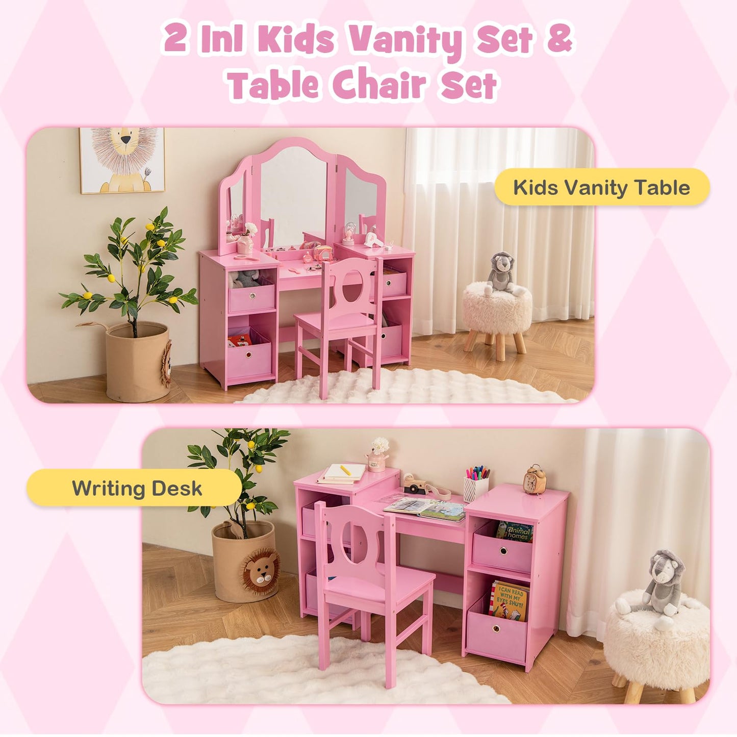 OLAKIDS Kids Vanity, 2 in 1 Princess Makeup Desk and Chair Set with 4 Drawers Tri-Folding Detachable Mirror, Wooden Dressing Table