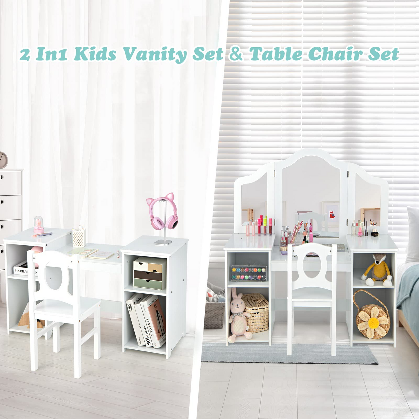 2 in 1 Princess Makeup Desk & Chair Set with Tri-Folding Detachable Mirror OLAKIDS