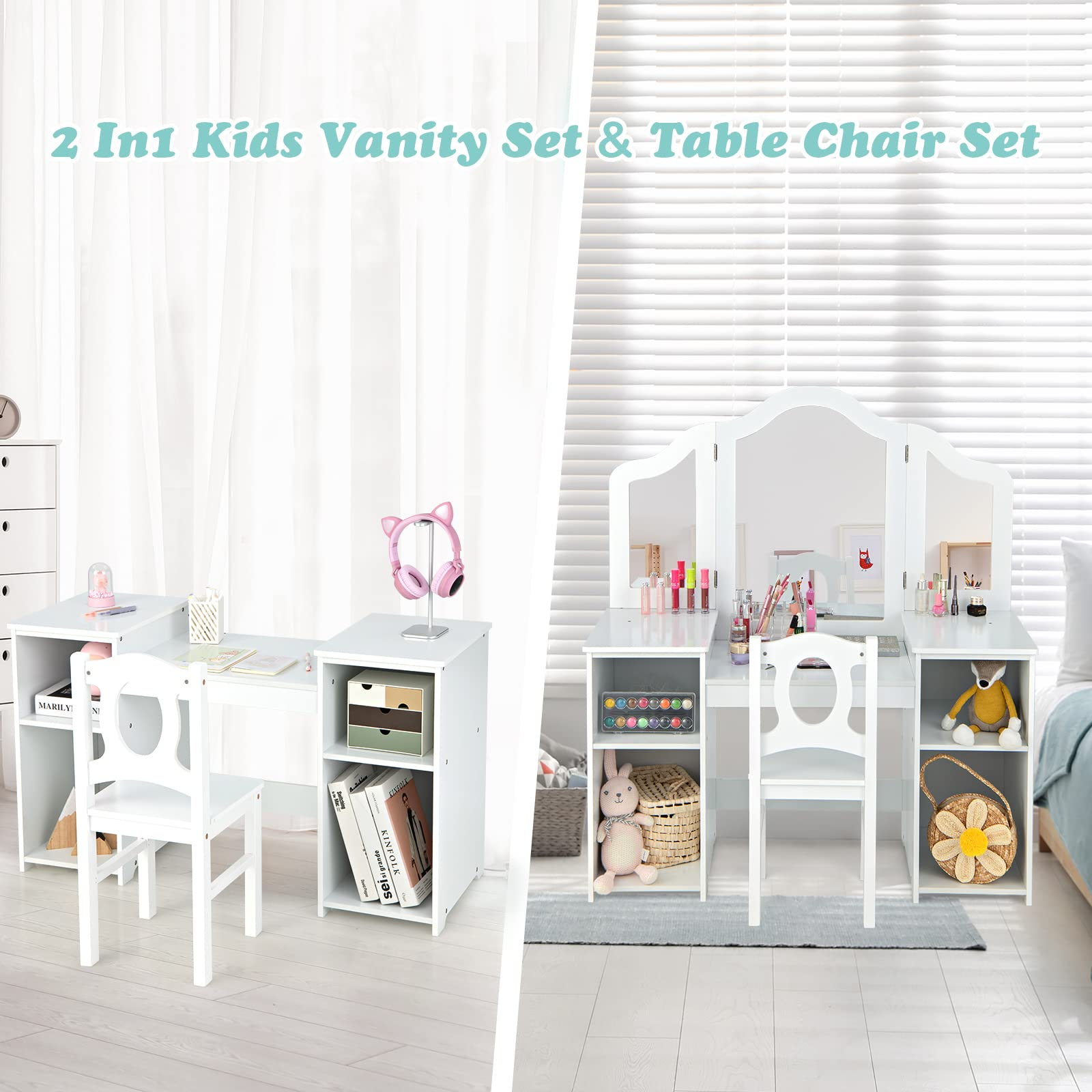 2 in 1 Princess Makeup Desk & Chair Set with Tri-Folding Detachable Mirror OLAKIDS