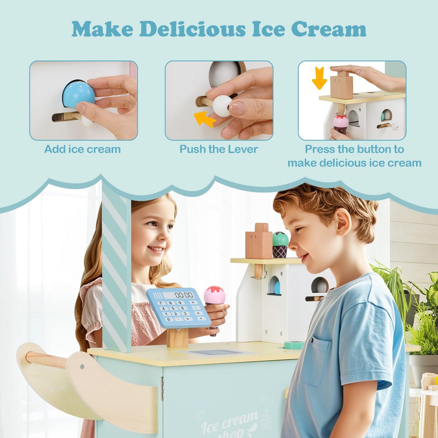 OLAKIDS Ice Cream Cart Grocery Store Marketplace Toy, Market Stand Shop Pretend Play Set with Accessories Gift for Ages 3+