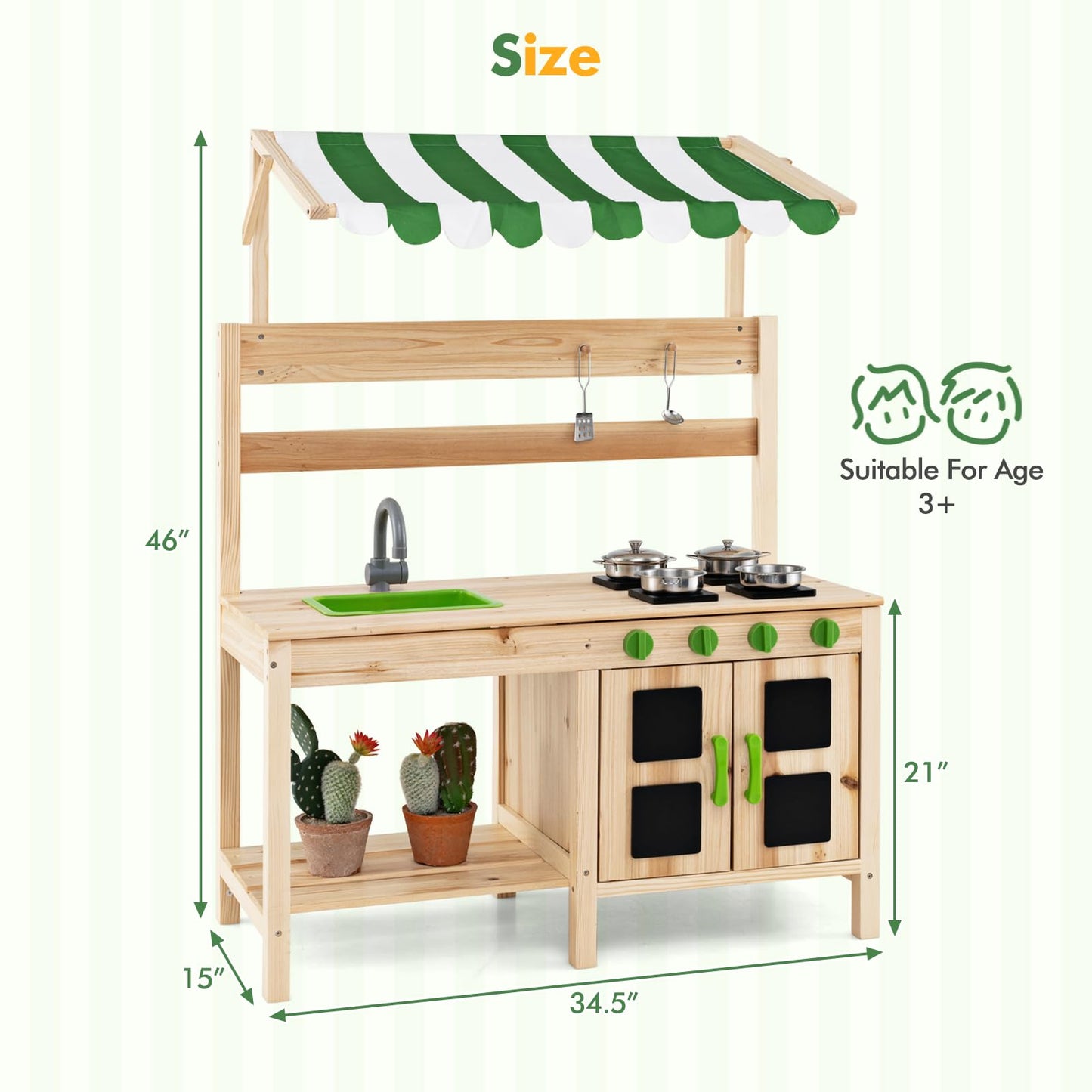 OLAKIDS Mud Kitchen, Play Kitchen with Awning Faucet Stoves, Wooden Kids Kitchen Playset