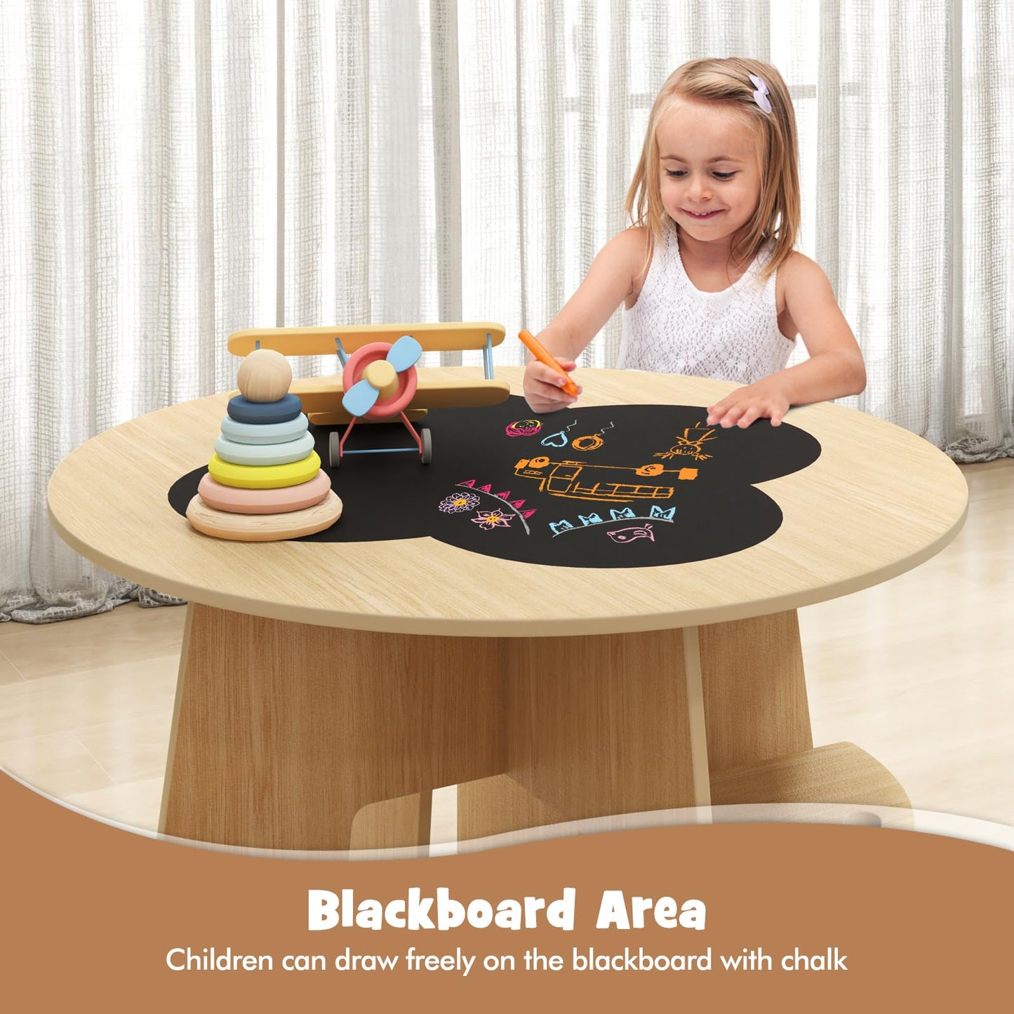 OLAKIDS Toddler Table and Chair Set with 4 Storage Stools, Wooden Flower Shaped Nesting Table with Blackboard Drawers