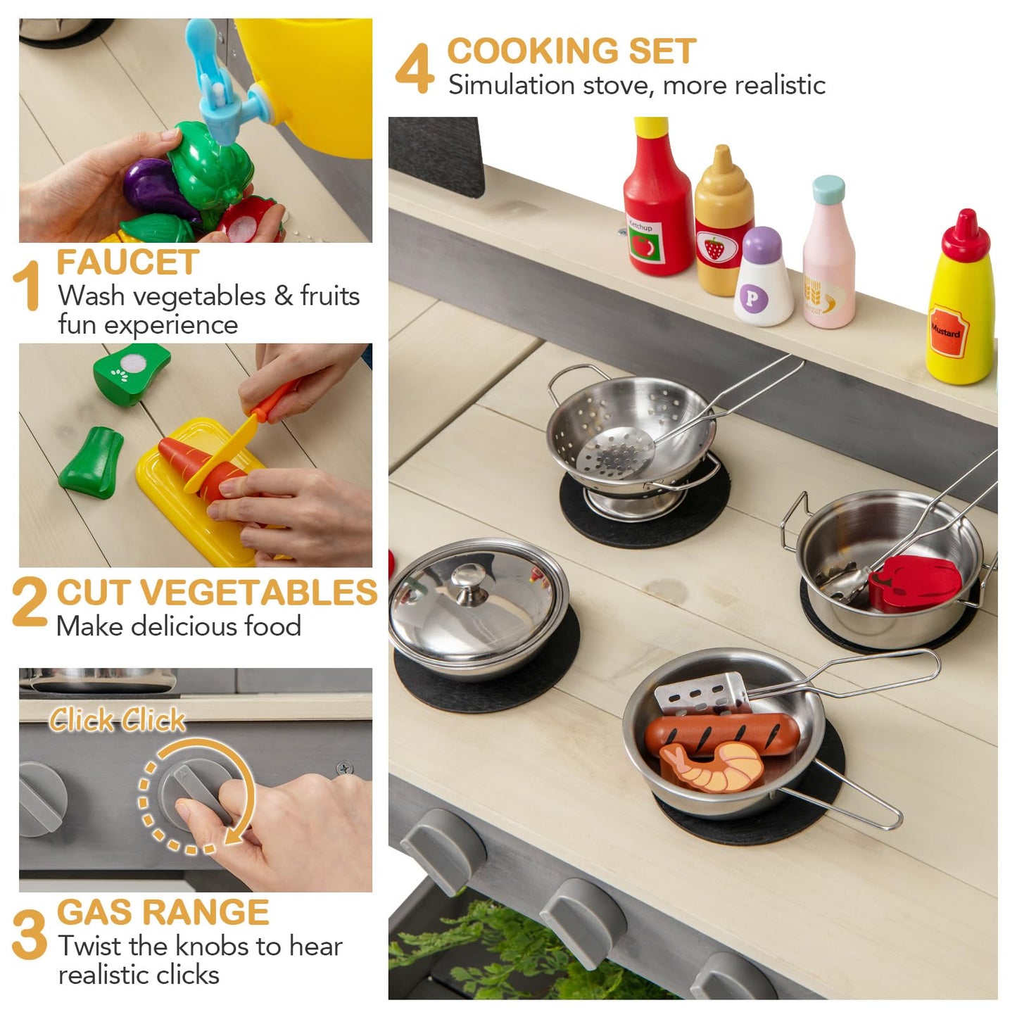 OLAKIDS Mud Kitchen, Outdoor Play Kitchen with Faucet Chalkboard Stoves Removable Sink Cooking Accessories Wooden Kids Kitchen Playset