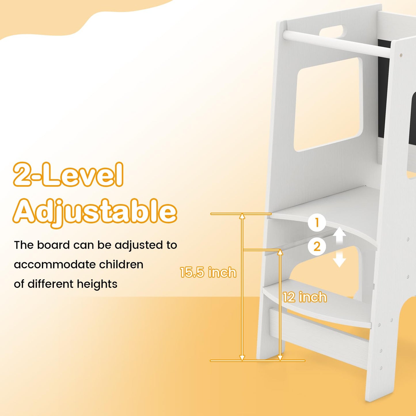 OLAKIDS Toddler Standing Tower, Kids Montessori Kitchen Step Stool Helper with 2 Adjustable Height Learning Blackboard Safety Rail