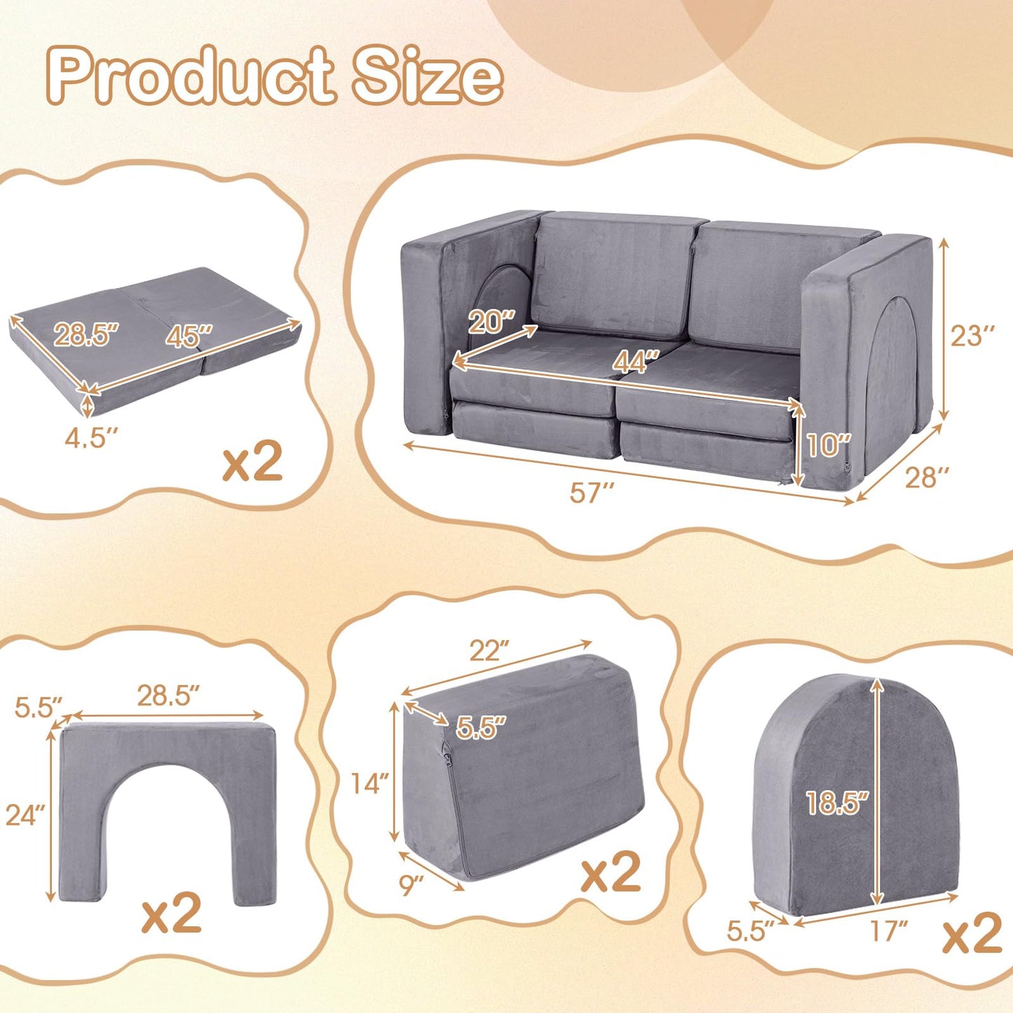 OLAKIDS Modular Kids Play Couch, 8 PCS Toddler Creative Sectional Fort Building Sofa