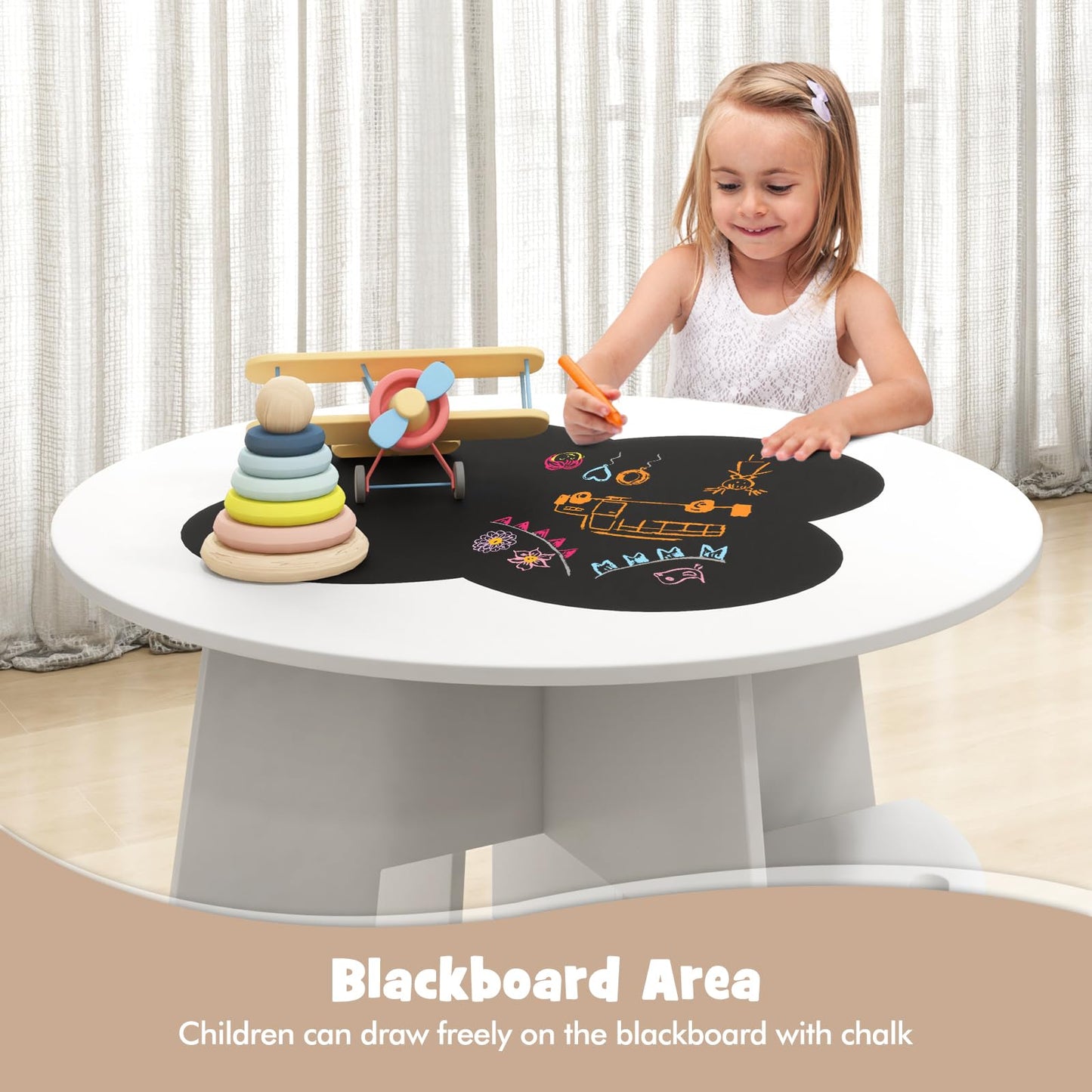 OLAKIDS Toddler Table and Chair Set with 4 Storage Stools, Wooden Flower Shaped Nesting Table with Blackboard Drawers