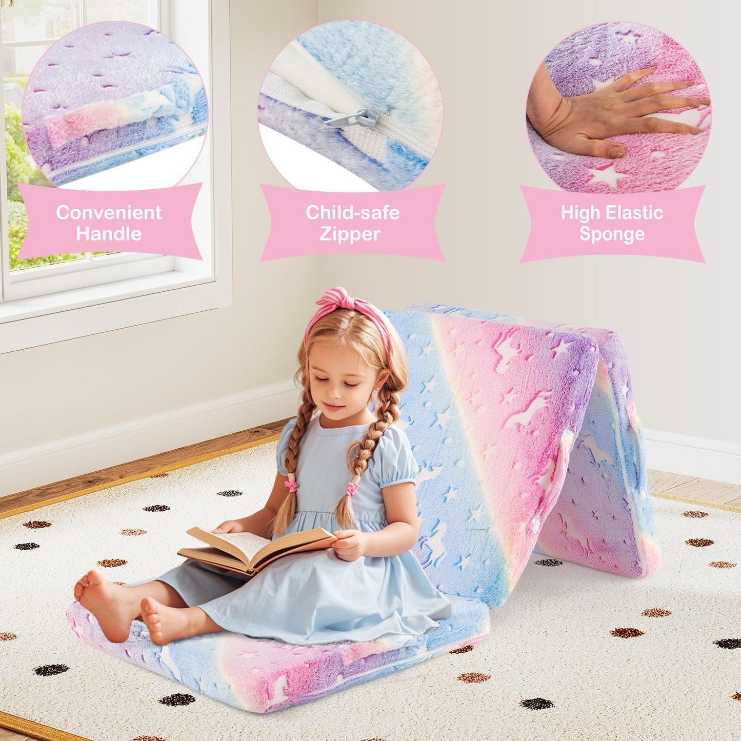 OLAKIDS Foldable Floor Mattress for Kids, Glow in Dark Tri-Folding Nap Mat for Sleeping Daycare, Portable Foam Mattress