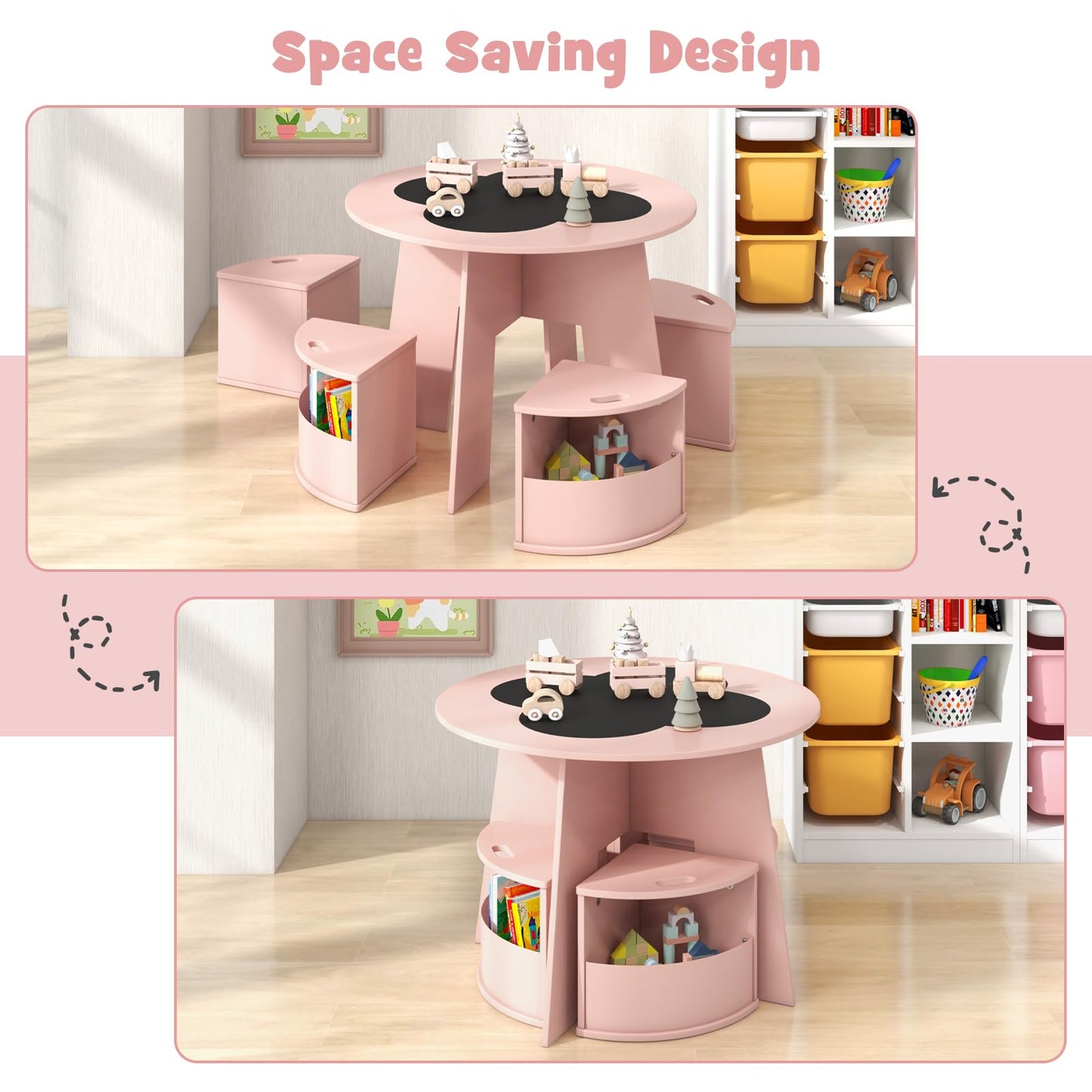 OLAKIDS Toddler Table and Chair Set with 4 Storage Stools, Wooden Flower Shaped Nesting Table with Blackboard Drawers