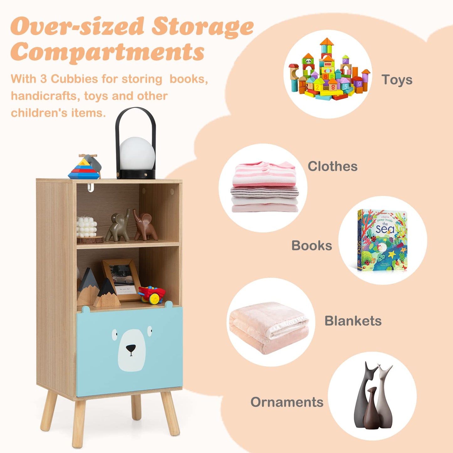 OLAKIDS Kids Bookcase Toy Storage Organizer, Children Storage Cabinet with Slide Drawer and 2 Cubes