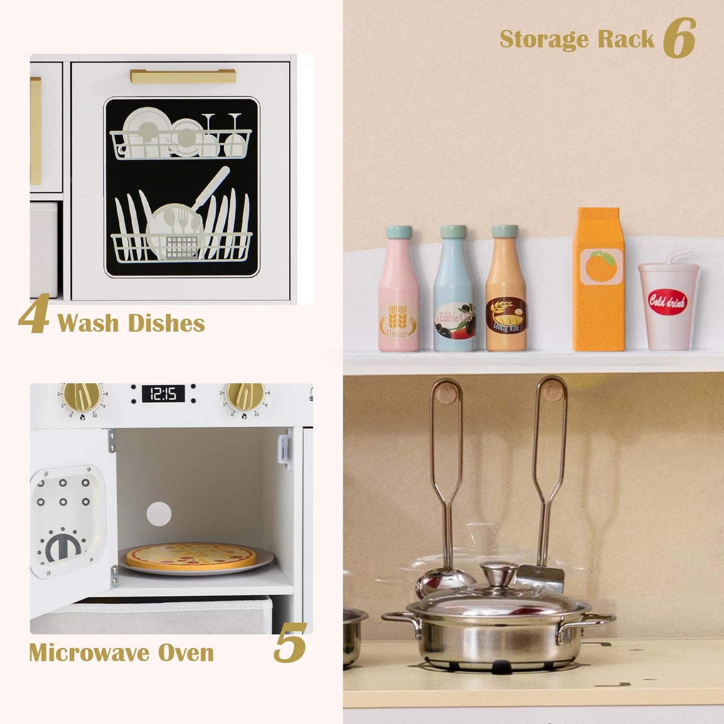 OLAKIDS Kids Kitchen Playset, Toddler Wooden Pretend Cooking Toy Set with Acrylic Drawing Board Ice Machine Dishwasher