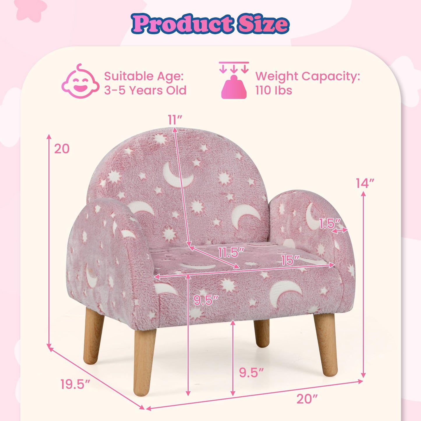 OLAKIDS Kids Sofa with Glow in The Dark, Toddler Armchair Couch, Upholstered Comfy Foam Children Chair for Kindergarten Playroom