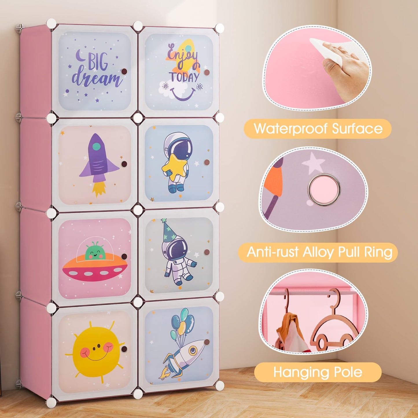 OLAKIDS Children Wardrobe, Kid Closet, Cute for Kids Bedroom Nursery Armoire with 8 Cube, Kid Clothes Storage Organizer