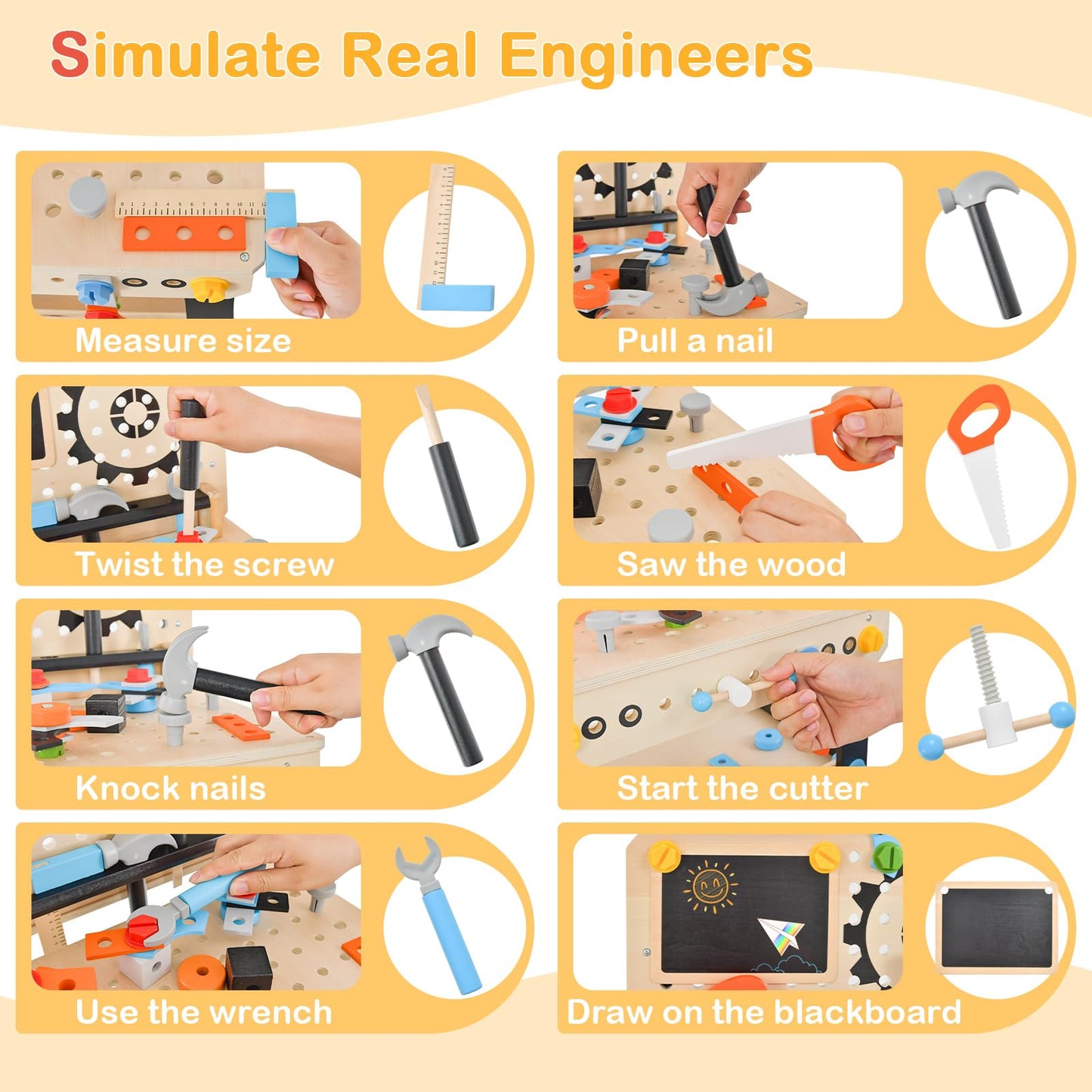 OLAKIDS Tool Bench Set for Toddlers, Kids Wooden Workbench with Blackboard Construction Building Tools and 75 Accessories