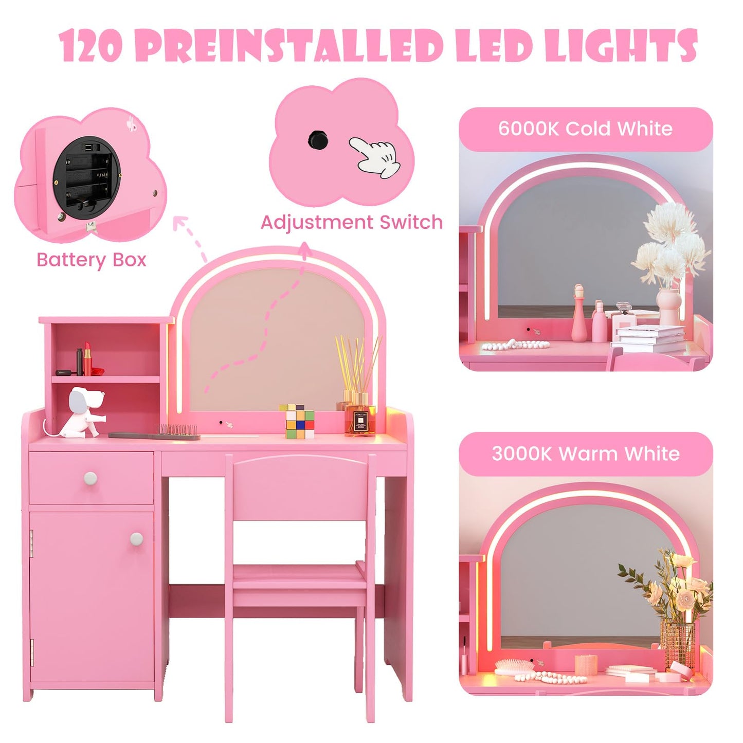 OLAKIDS Kids Vanity, Princess Makeup Desk and Chair Set with Lights Mirror, Pretend Play Vanity Set for Toddler Girls