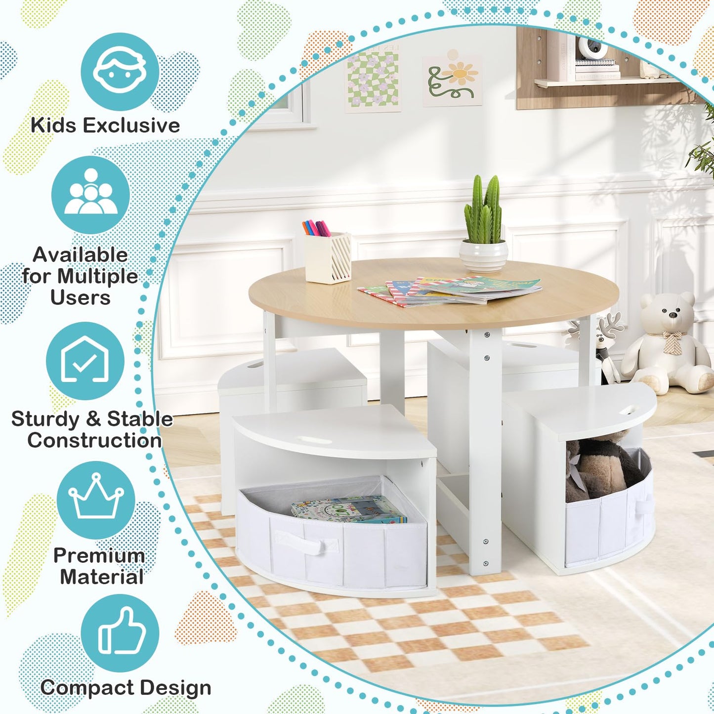 OLAKIDS Toddler Table and Chair Set, Wooden Table and 4 Chairs with Nesting Design, Children Multi-Activity Table