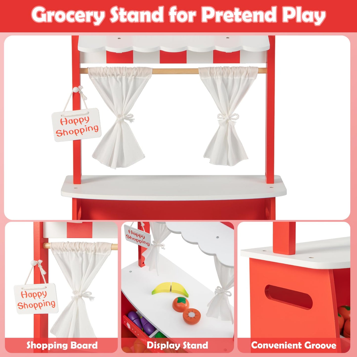 OLAKIDS Grocery Store Marketplace Toy for Kids, Wooden Market Stand Pretend Play Set with 36 Cutting Vegetables Fruits Pieces