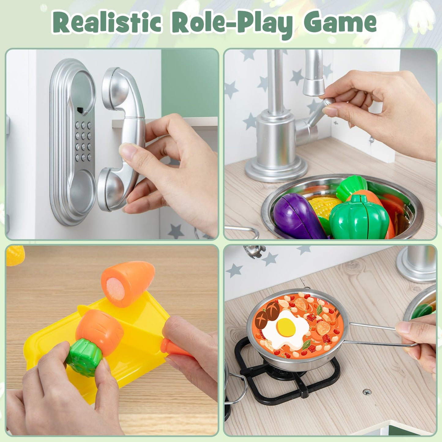 OLAKIDS Kid Kitchen Playset, Toddler Wooden Pretend Cooking Set with Realistic Light & Sound, Stove, Sink, Microwave