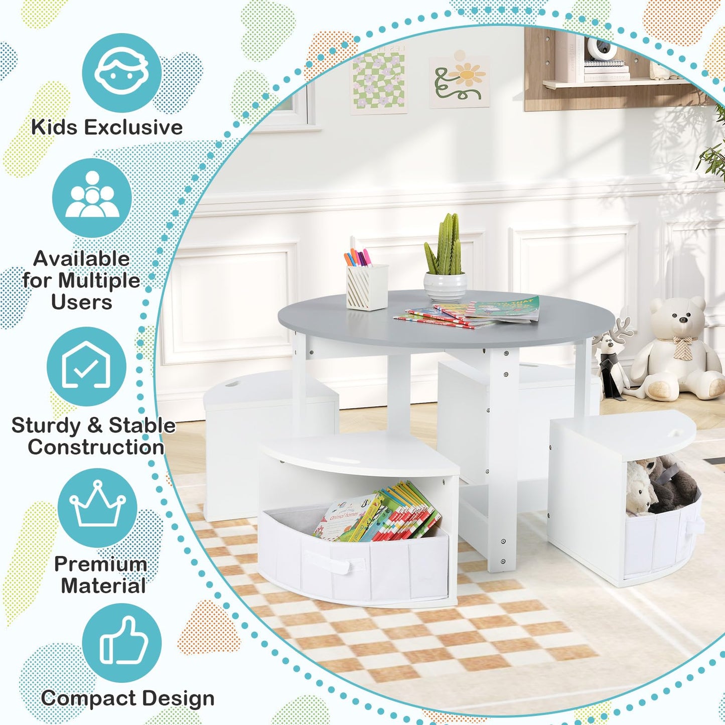 OLAKIDS Toddler Table and Chair Set, Wooden Table and 4 Chairs with Nesting Design, Children Multi-Activity Table