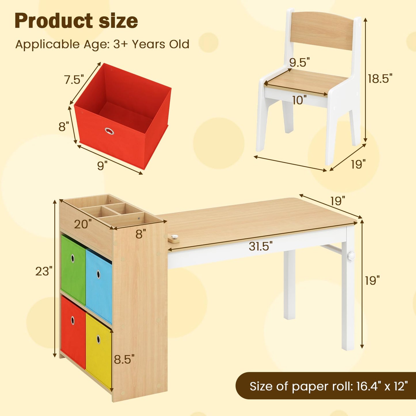 OLAKIDS Kids Table and Chair Set, Toddler Art Craft Play Wood Activity Desk with 2 Chairs 4 Storage Canvas Bins Paper Roll