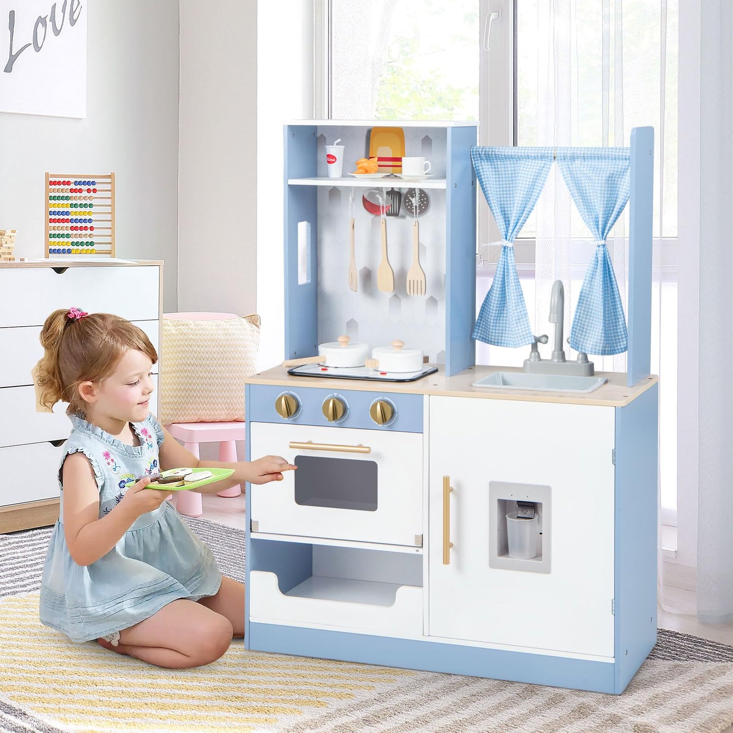 OLAKIDS Kid Kitchen Playset, Toddler Wooden Pretend Cooking Set with Realistic Light & Sound, Stove, Microwave