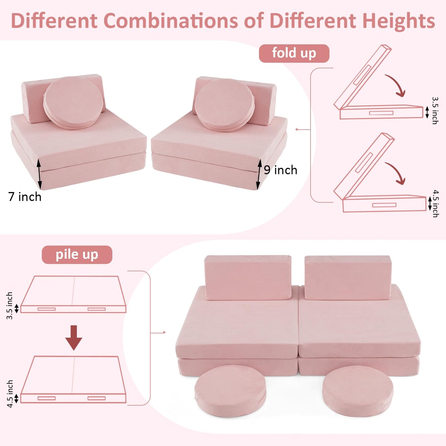 OLAKIDS Modular Kids Play Couch, 6 PCS Toddler Creative Sectional Fort Building Sofa for Playroom, Bedroom
