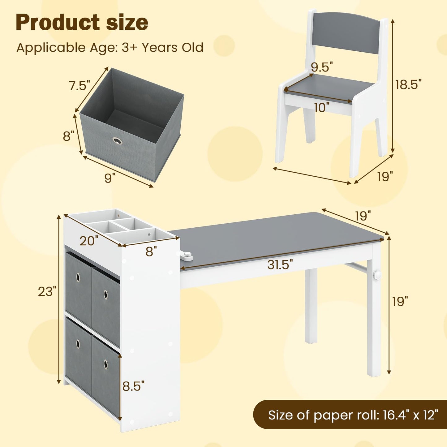 OLAKIDS Kids Table and Chair Set, Toddler Art Craft Play Wood Activity Desk with 2 Chairs 4 Storage Canvas Bins Paper Roll