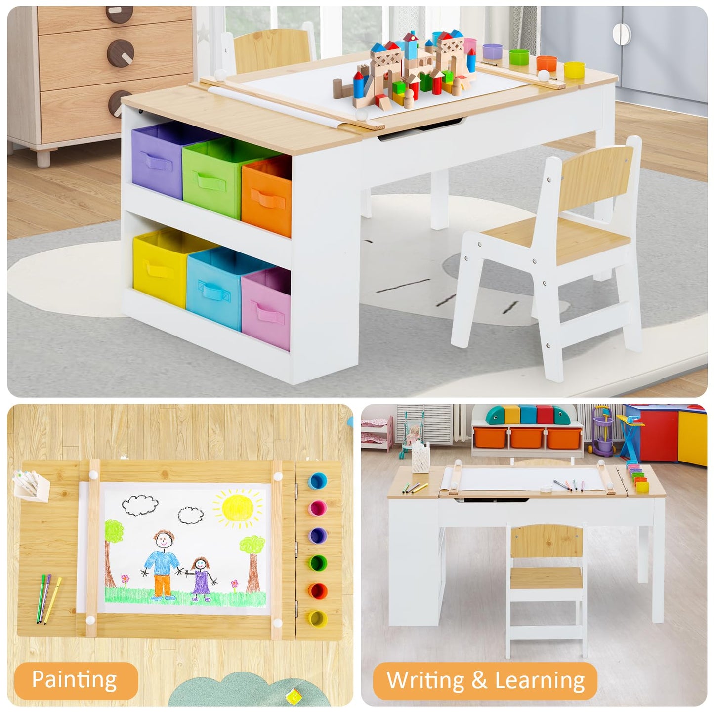 OLAKIDS 3 in 1 Kids Art Table and Chair Set, Toddler Craft Play Wood Activity Desk with 2 Chairs Storage Canvas Bins