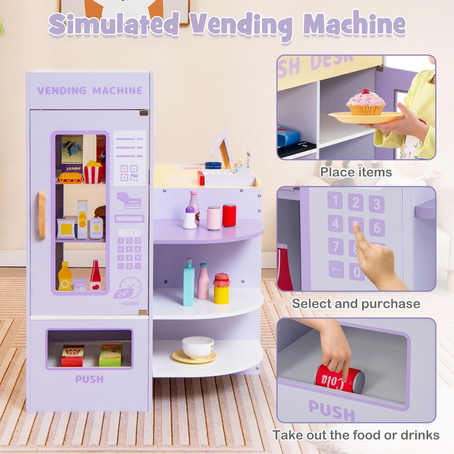 OLAKIDS Kids Grocery Store Playset, Wooden Supermarket Toy Set with Cash Register, Vending Machine, Pretend Play Store