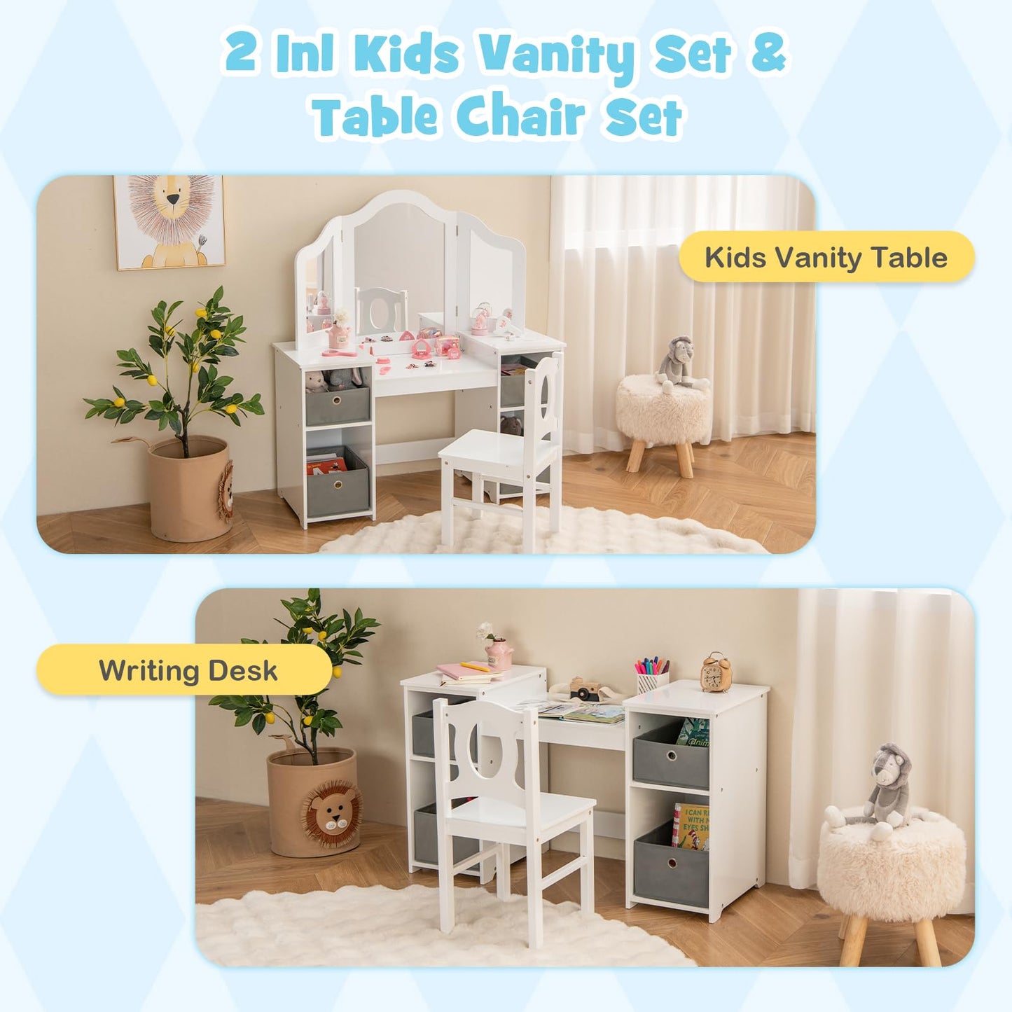 OLAKIDS Kids Vanity, 2 in 1 Princess Makeup Desk and Chair Set with 4 Drawers Tri-Folding Detachable Mirror, Wooden Dressing Table