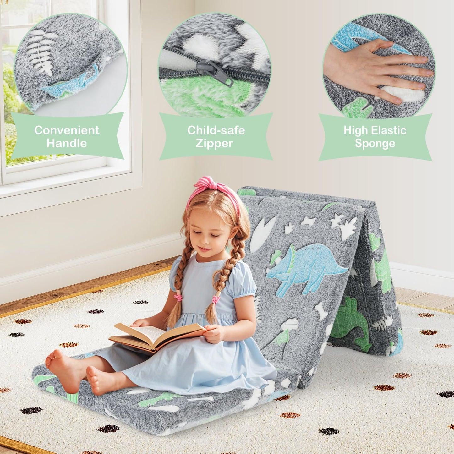 OLAKIDS Foldable Floor Mattress for Kids, Glow in Dark Tri-Folding Nap Mat for Sleeping Daycare, Portable Foam Mattress
