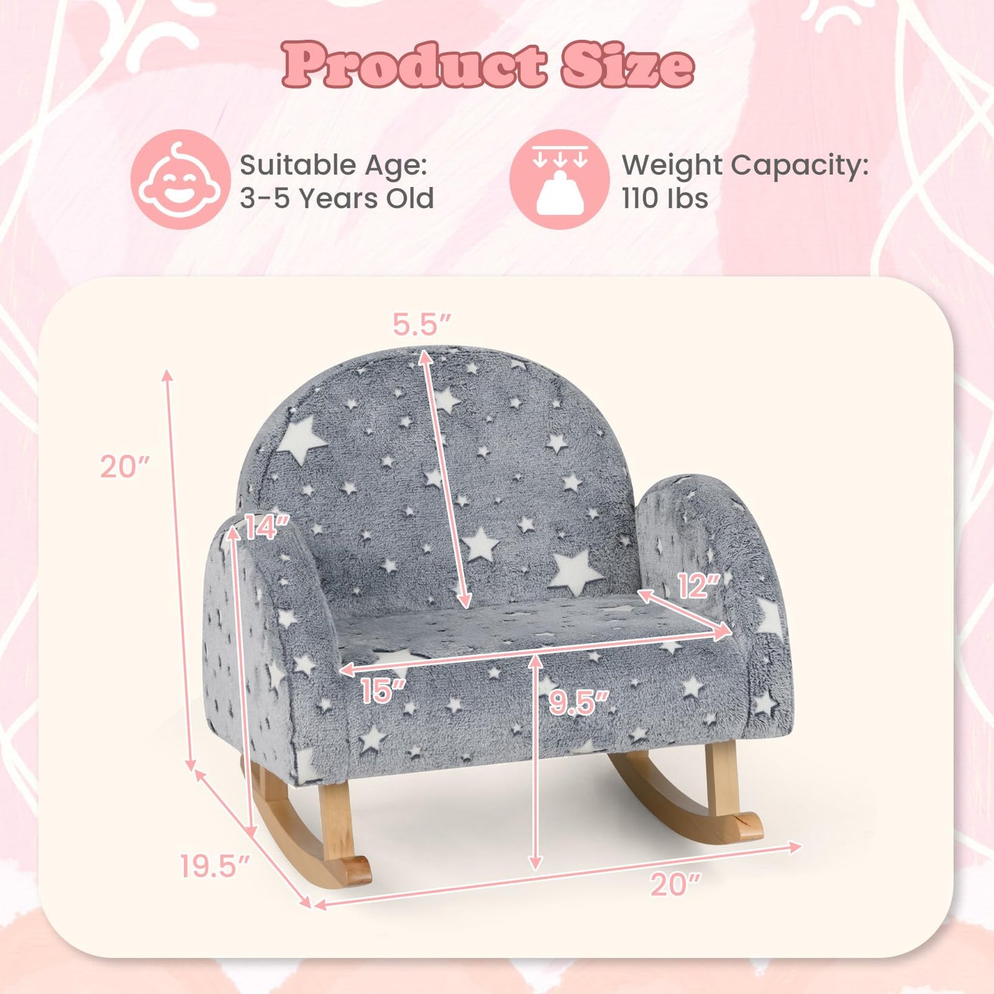 OLAKIDS Kids Sofa with Glow in The Dark, Toddler Rocking Chair, Upholstered Comfy Foam Children Chair for Kindergarten Playroom