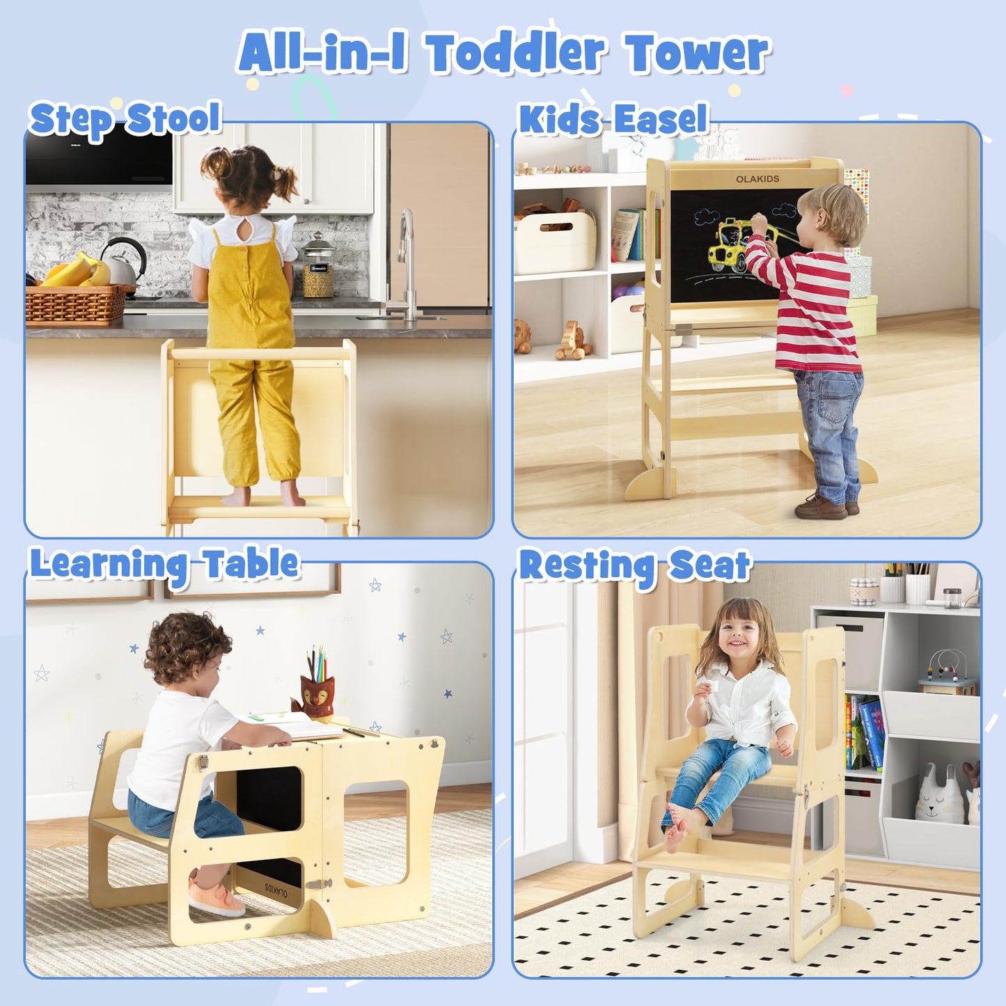 OLAKIDS Toddler Tower, 4 in 1 Foldable Kitchen Stool Helper Learning Standing Tower, Kids Wooden Collapsible Table and Chair Set