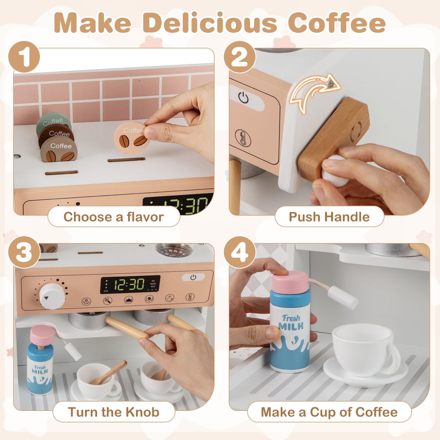 OLAKIDS Kids Kitchen Playset, Toddler Wooden Kitchen Pretend Cooking Toy Set with Coffee Maker