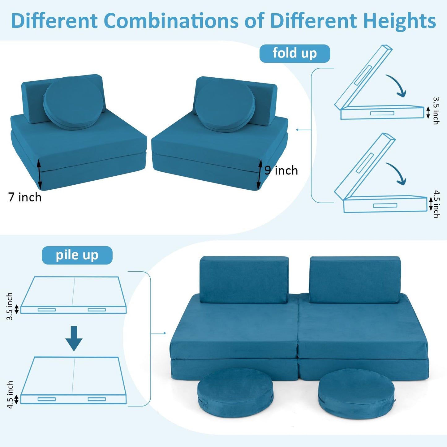 OLAKIDS Modular Kids Play Couch, 6 PCS Toddler Creative Sectional Fort Building Sofa for Playroom, Bedroom