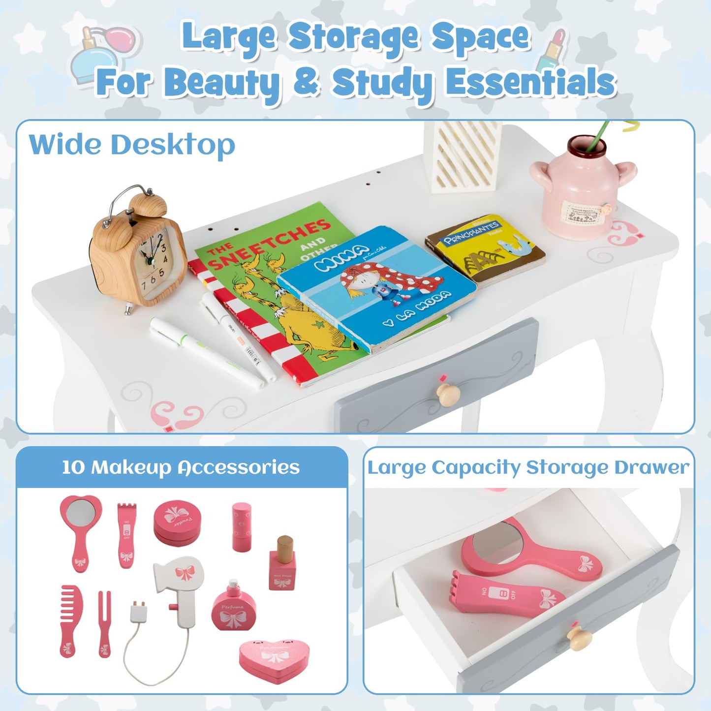 OLAKIDS Kids Vanity, 2 in 1 Princess Makeup Desk Set, Wooden Dressing Table, Pretend Play Vanity Set