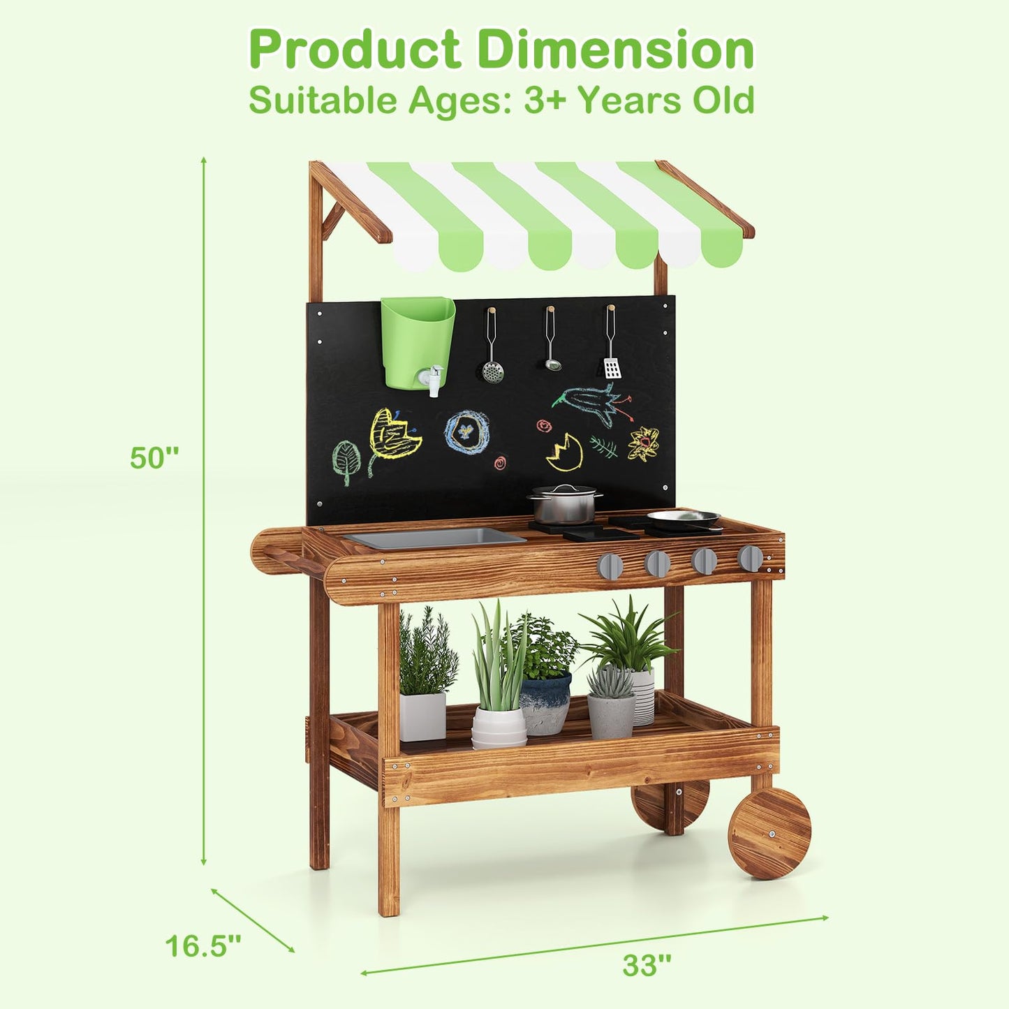 OLAKIDS Mud Kitchen, Outdoor Play Kitchen with Drawing Board, Real Water Flow, Wooden Kids Kitchen Playset Gift