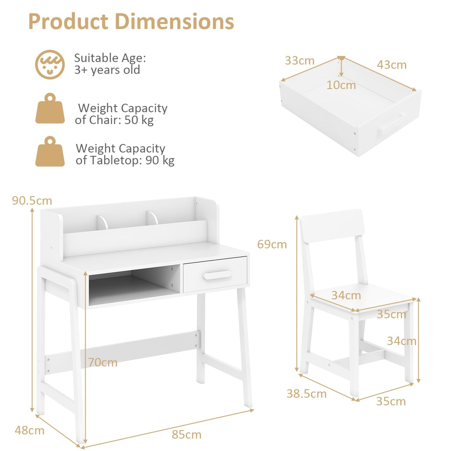 OLAKIDS Table and Chair Set, Toddler Wooden Student Study Desk with Chair Storage Hutch Compartments Drawers