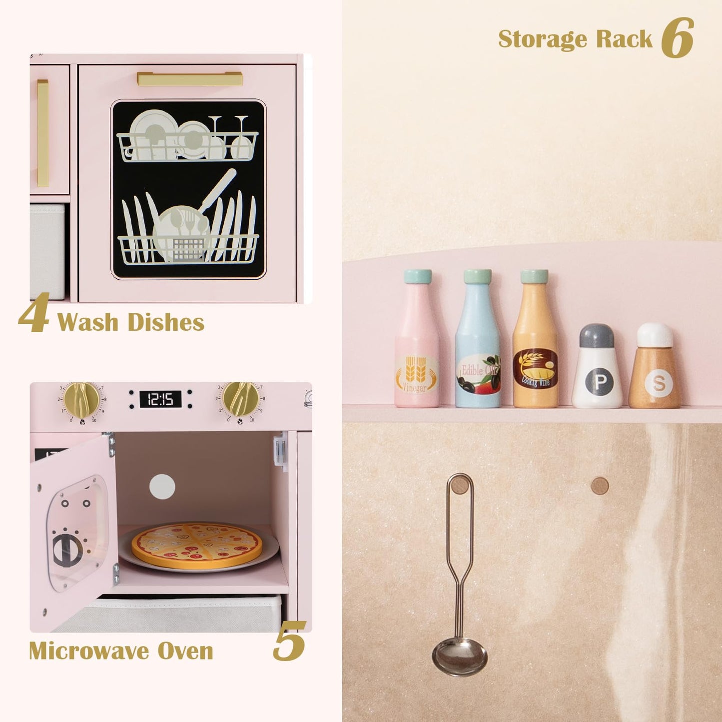 OLAKIDS Kids Kitchen Playset, Toddler Wooden Pretend Cooking Toy Set with Acrylic Drawing Board Ice Machine Dishwasher