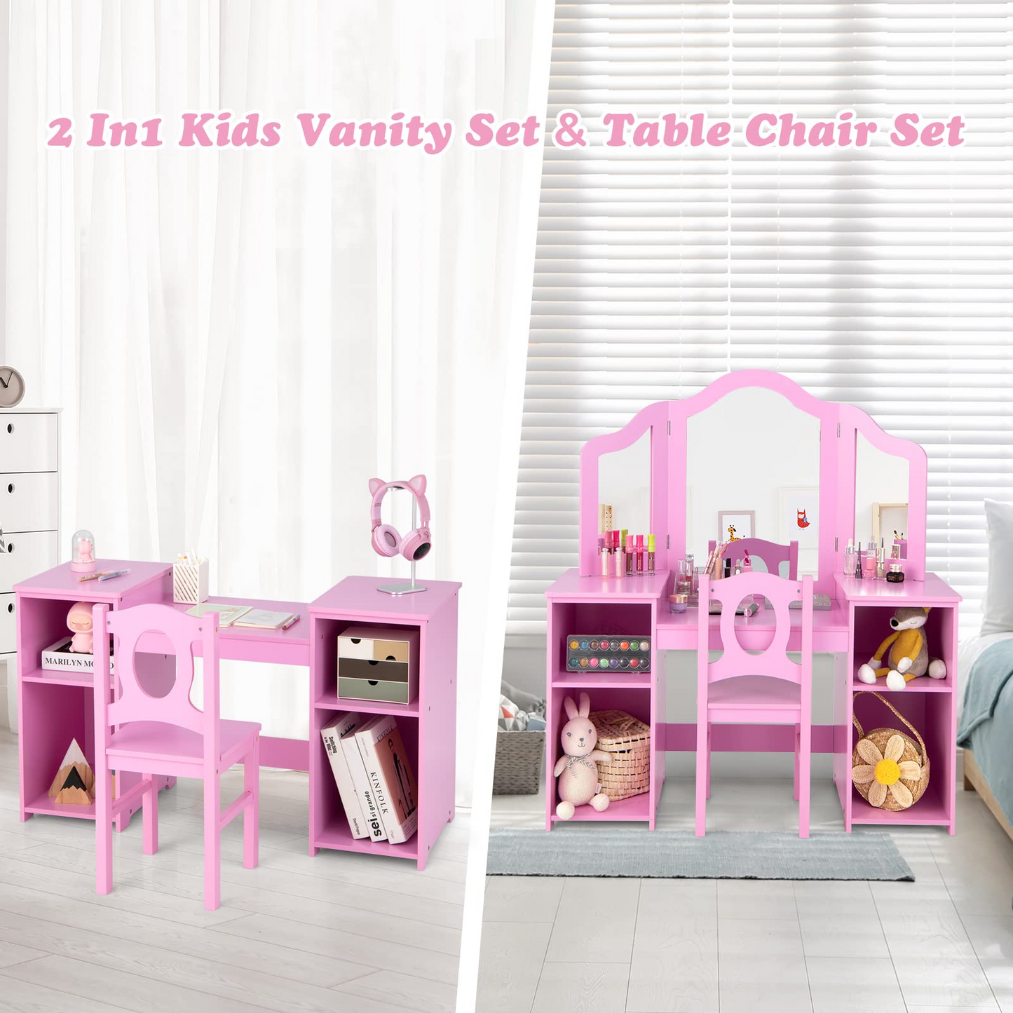 2 in 1 Princess Makeup Desk & Chair Set with Tri-Folding Detachable Mirror OLAKIDS