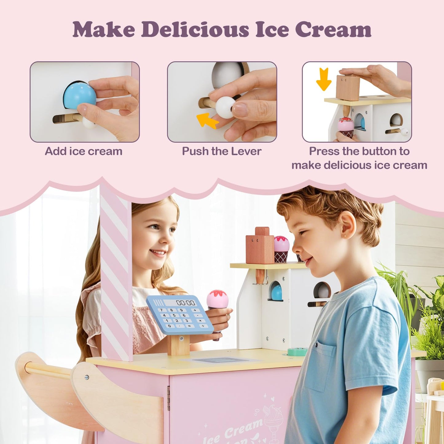 OLAKIDS Ice Cream Cart Grocery Store Marketplace Toy, Market Stand Shop Pretend Play Set with Accessories Gift for Ages 3+