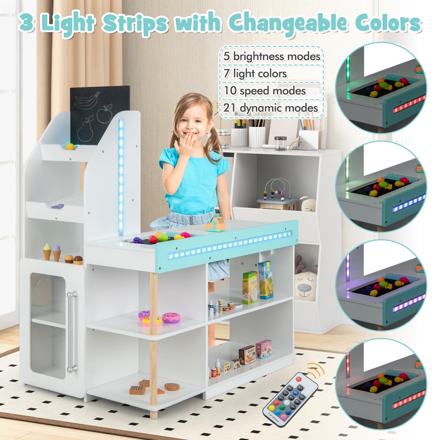 OLAKIDS Kids Grocery Store Playset, Wooden Pretend Play Supermarket with LED Lights, Market Stand Toy