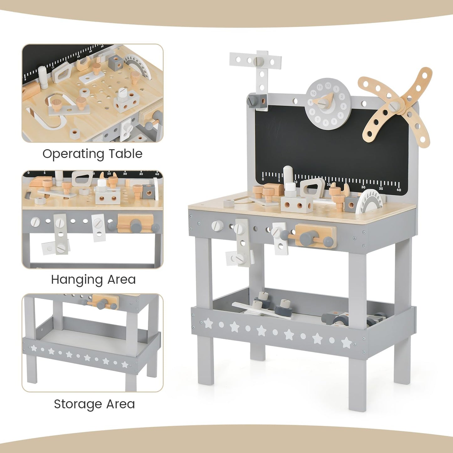 OLAKIDS Tool Bench Set for Toddlers, Kids Wooden Workbench with Blackboard Construction Building Tools and 62 Accessories
