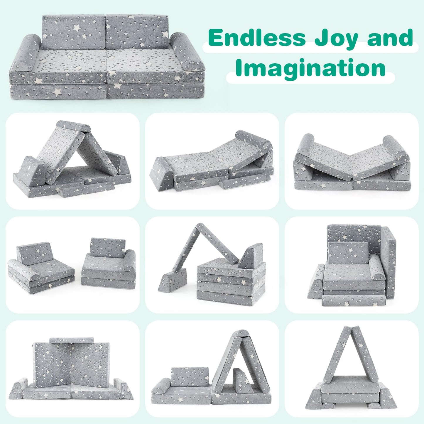 OLAKIDS Modular Kids Play Couch, 8 PCS Toddler Creative Sectional Fort Building Sofa, Convertible Soft Foam Floor Cushion