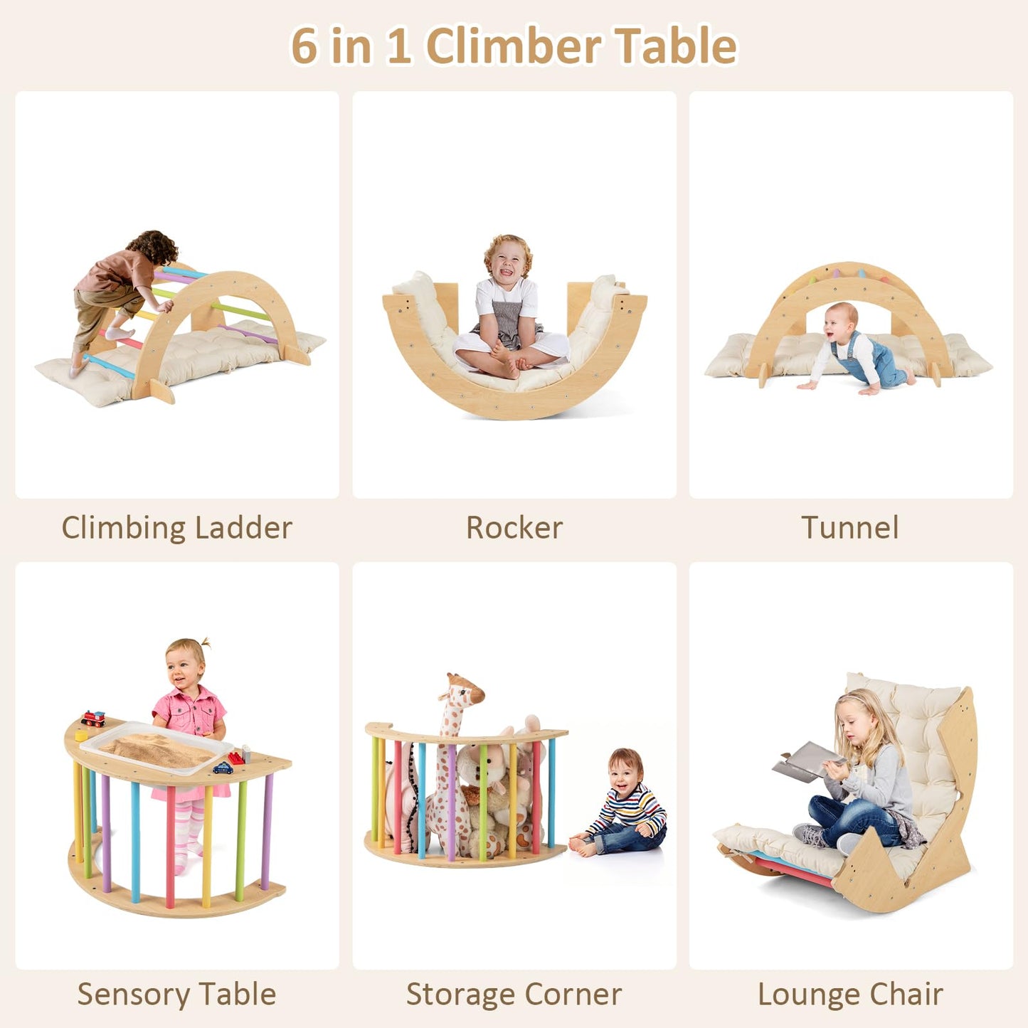 OLAKIDS Wooden Arch Climber Rocker with Soft Cushion, 6 in 1 Montessori Climbing Toys for Toddlers, Gym Playset Gift for Kids