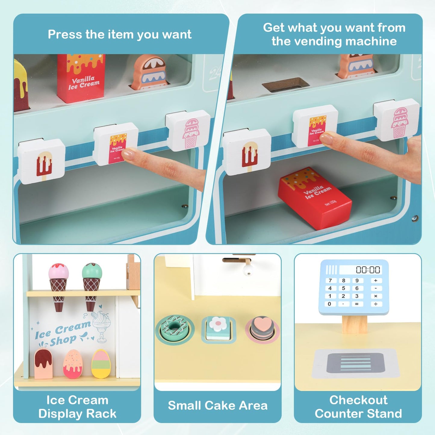 OLAKIDS Ice Cream Cart Grocery Store Marketplace Toy, Market Stand Shop Pretend Play Set with Accessories Gift for Ages 3+