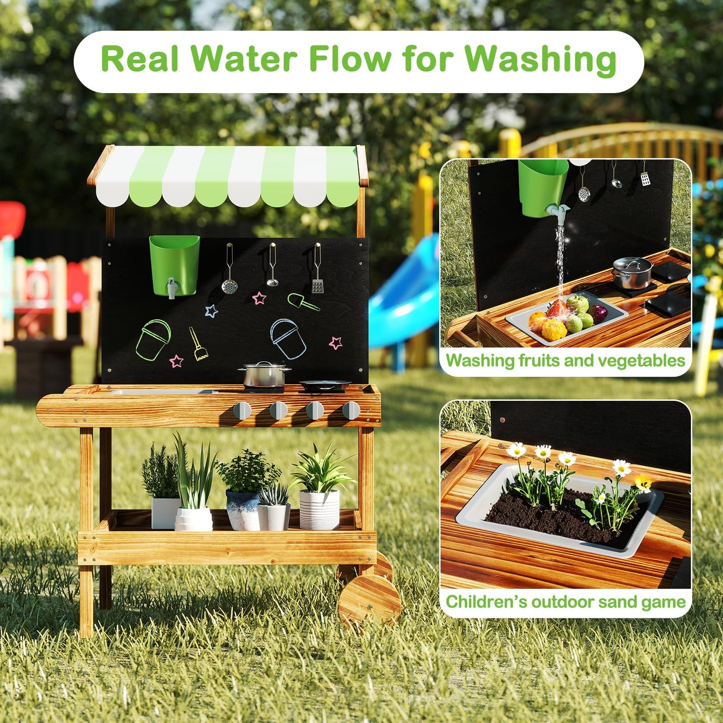 OLAKIDS Mud Kitchen, Outdoor Play Kitchen with Drawing Board, Real Water Flow, Wooden Kids Kitchen Playset Gift