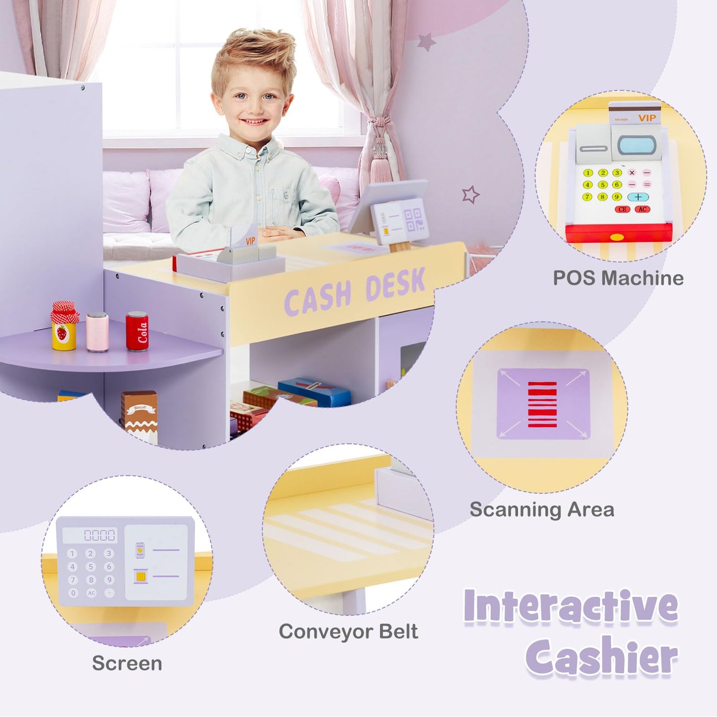 OLAKIDS Kids Grocery Store Playset, Wooden Supermarket Toy Set with Cash Register, Vending Machine, Pretend Play Store